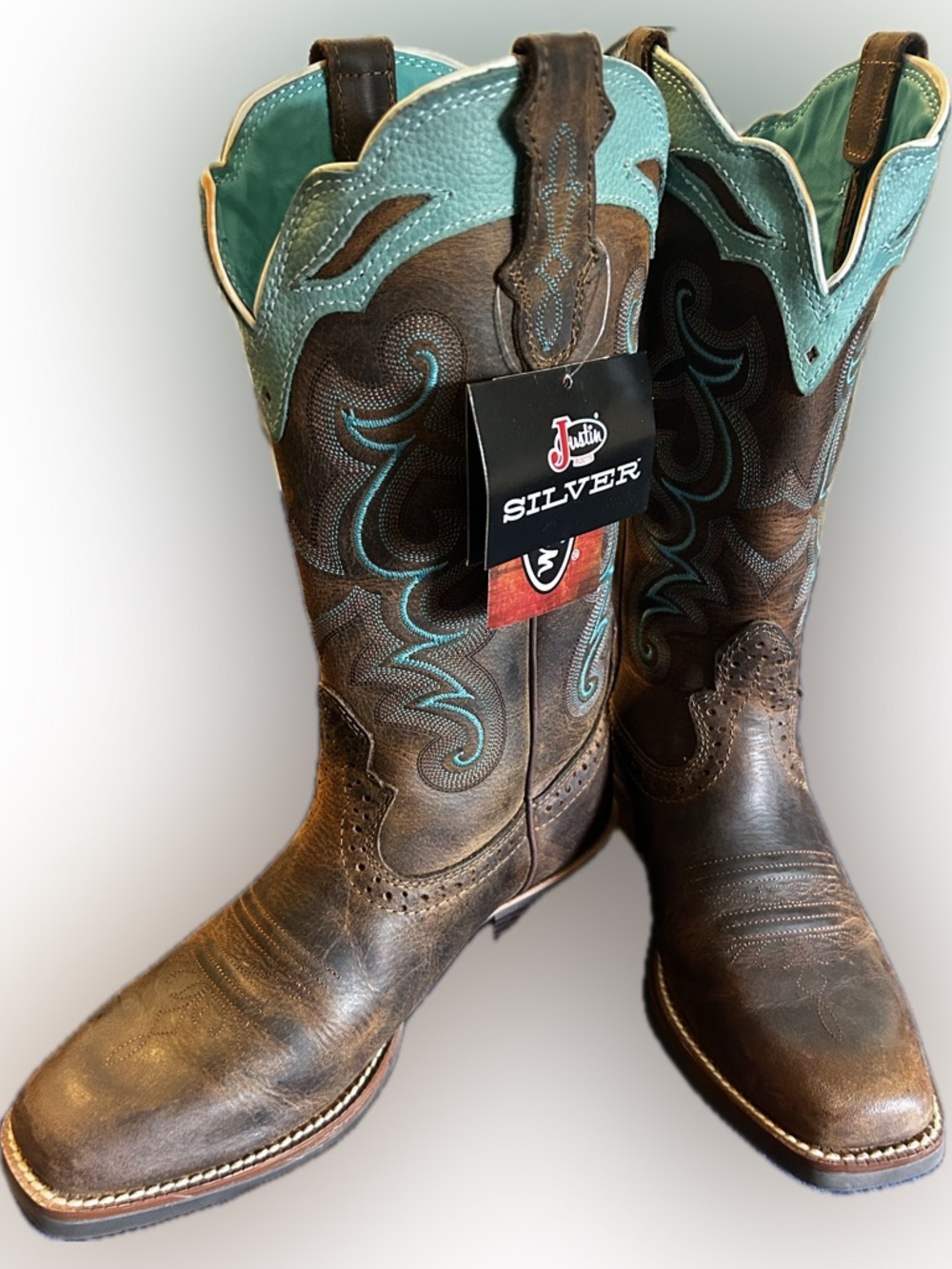 Justin Boots Brown Leather Cowboy Boots with Turquoise Top Trim